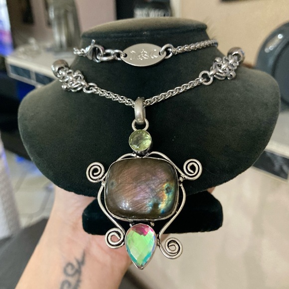 Flash iridescent grey green labradorite yellow citrine iridescent stone necklace - Picture 7 of 16